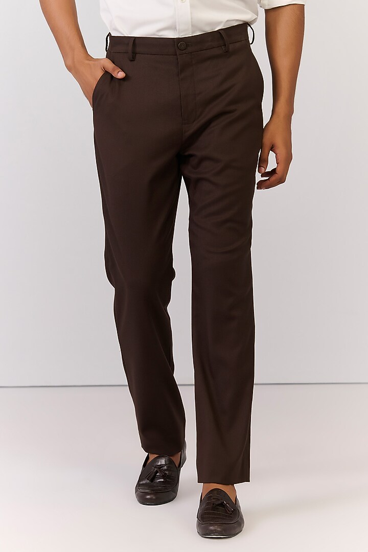 Choco Brown Rayon Nylon Spandex Trousers by S&N by Shantnu Nikhil Men at Pernia's Pop Up Shop
