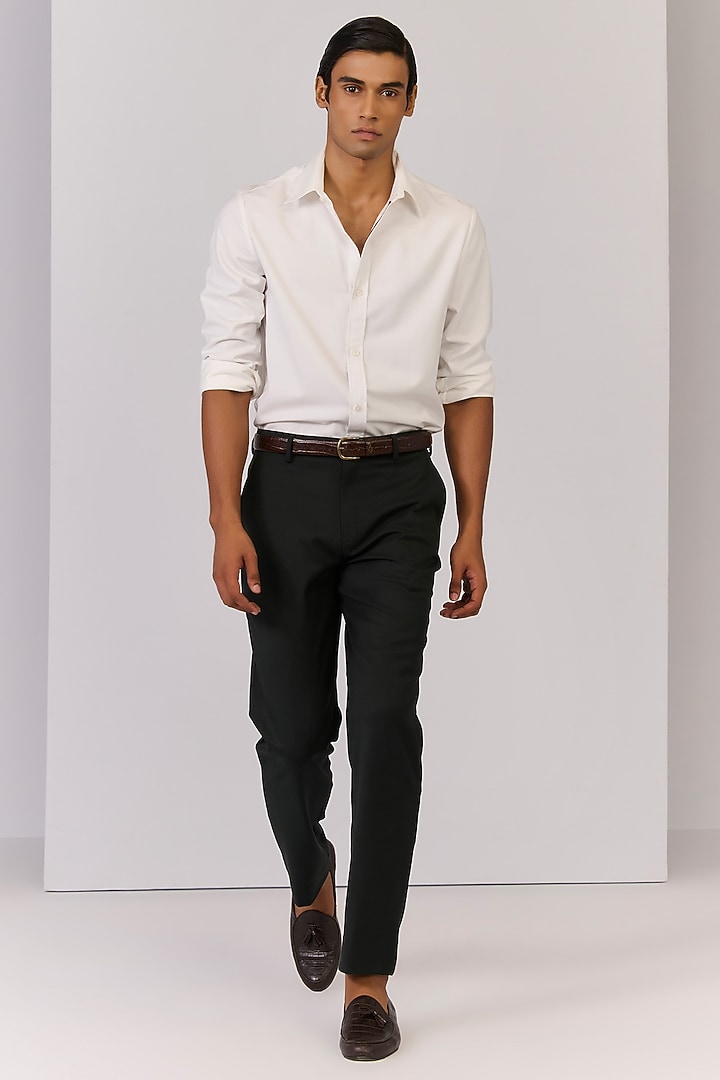 Military Green Rayon Nylon Spandex Trousers by S&N by Shantnu Nikhil Men at Pernia's Pop Up Shop