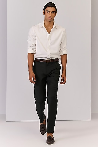 Military Green Rayon Nylon Spandex Trousers by S&N by Shantnu Nikhil Men
