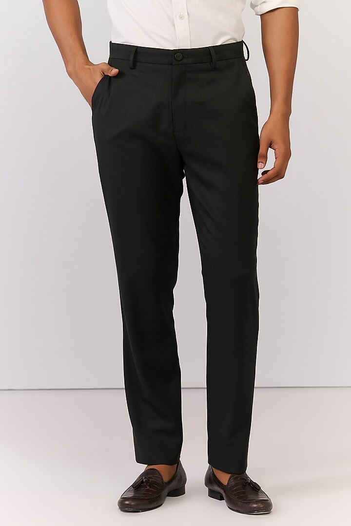 Military Green Rayon Nylon Spandex Trousers by S&N by Shantnu Nikhil Men at Pernia's Pop Up Shop