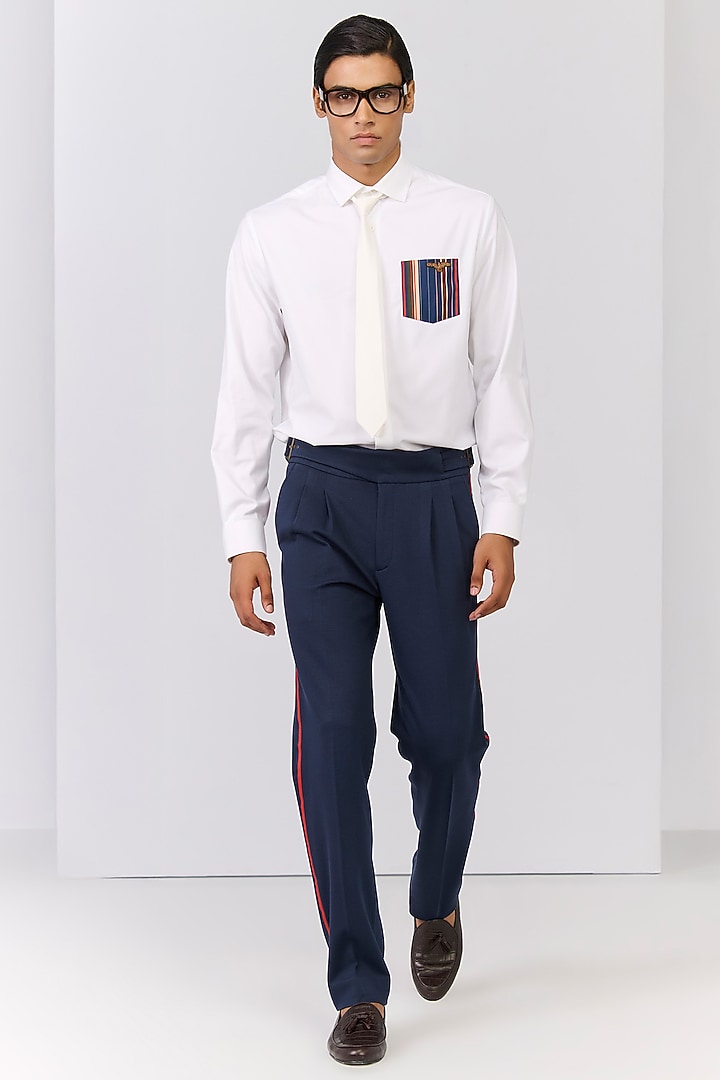 Navy Rayon Nylon Spandex High-Waisted Trousers by S&N by Shantnu Nikhil Men at Pernia's Pop Up Shop