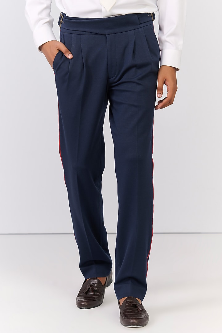 Navy Rayon Nylon Spandex High-Waisted Trousers by S&N by Shantnu Nikhil Men at Pernia's Pop Up Shop