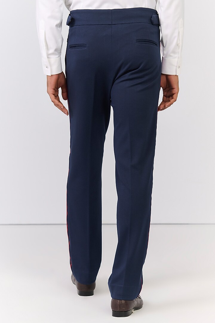 Navy Rayon Nylon Spandex High-Waisted Trousers by S&N by Shantnu Nikhil Men at Pernia's Pop Up Shop