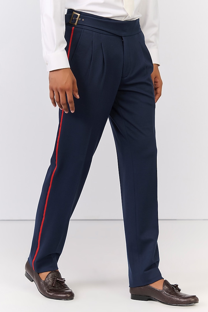 Navy Rayon Nylon Spandex High-Waisted Trousers by S&N by Shantnu Nikhil Men at Pernia's Pop Up Shop