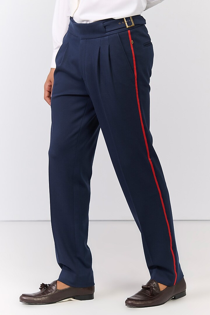Navy Rayon Nylon Spandex High-Waisted Trousers by S&N by Shantnu Nikhil Men at Pernia's Pop Up Shop