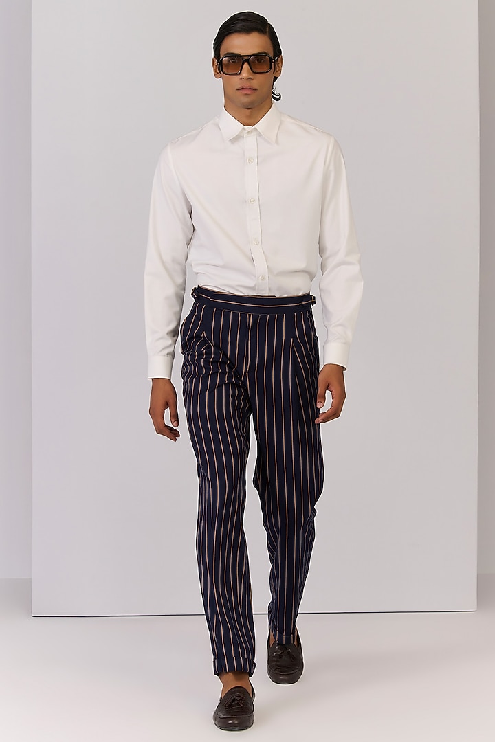 Navy Rayon Nylon Spandex Stripe Printed Trousers by S&N by Shantnu Nikhil Men at Pernia's Pop Up Shop