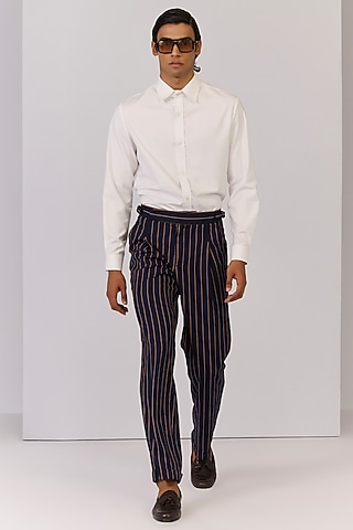 Navy Rayon Nylon Spandex Stripe Printed Trousers by S&N by Shantnu Nikhil Men
