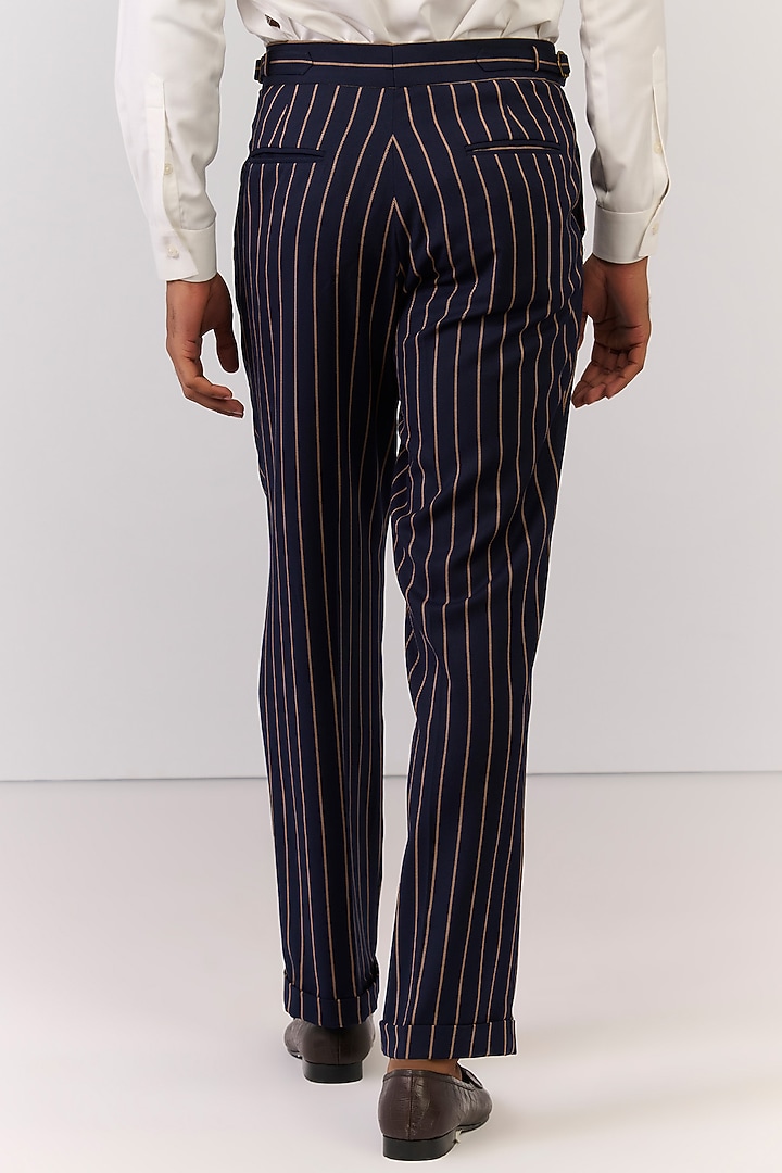 Navy Rayon Nylon Spandex Stripe Printed Trousers by S&N by Shantnu Nikhil Men at Pernia's Pop Up Shop
