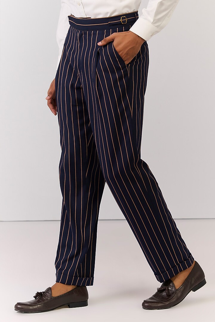 Navy Rayon Nylon Spandex Stripe Printed Trousers by S&N by Shantnu Nikhil Men at Pernia's Pop Up Shop