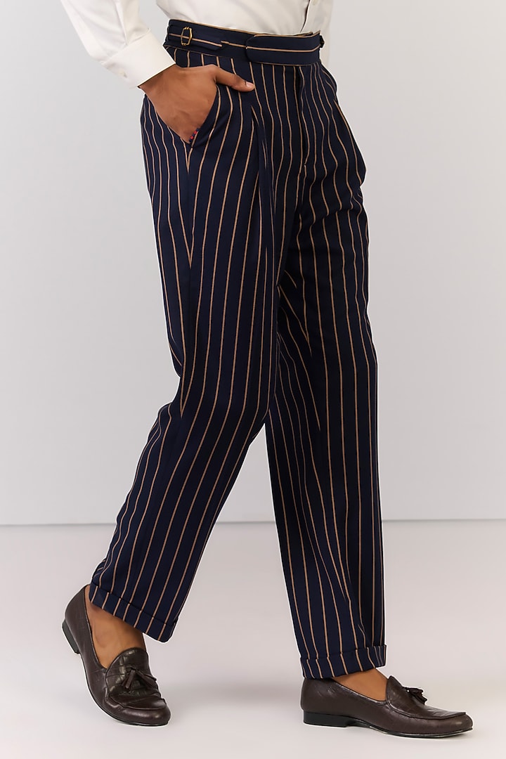 Navy Rayon Nylon Spandex Stripe Printed Trousers by S&N by Shantnu Nikhil Men at Pernia's Pop Up Shop