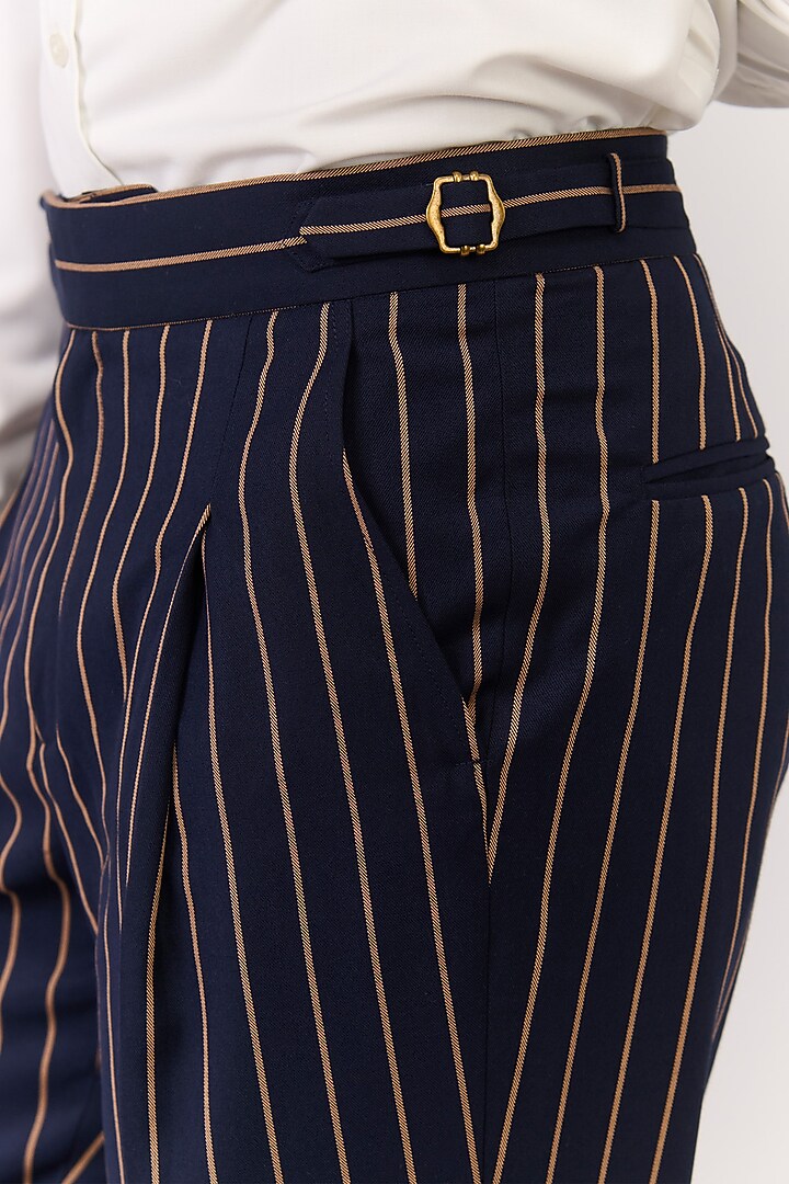 Navy Rayon Nylon Spandex Stripe Printed Trousers by S&N by Shantnu Nikhil Men at Pernia's Pop Up Shop