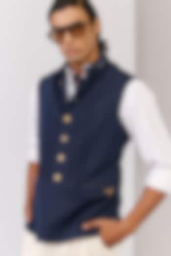 Navy Rayon Nylon Spandex Embroidered Waistcoat by S&N by Shantnu Nikhil Men at Pernia's Pop Up Shop