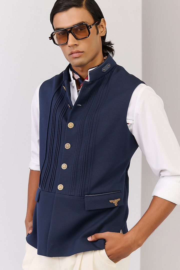 Navy Rayon Nylon Spandex Embroidered Waistcoat by S&N by Shantnu Nikhil Men at Pernia's Pop Up Shop