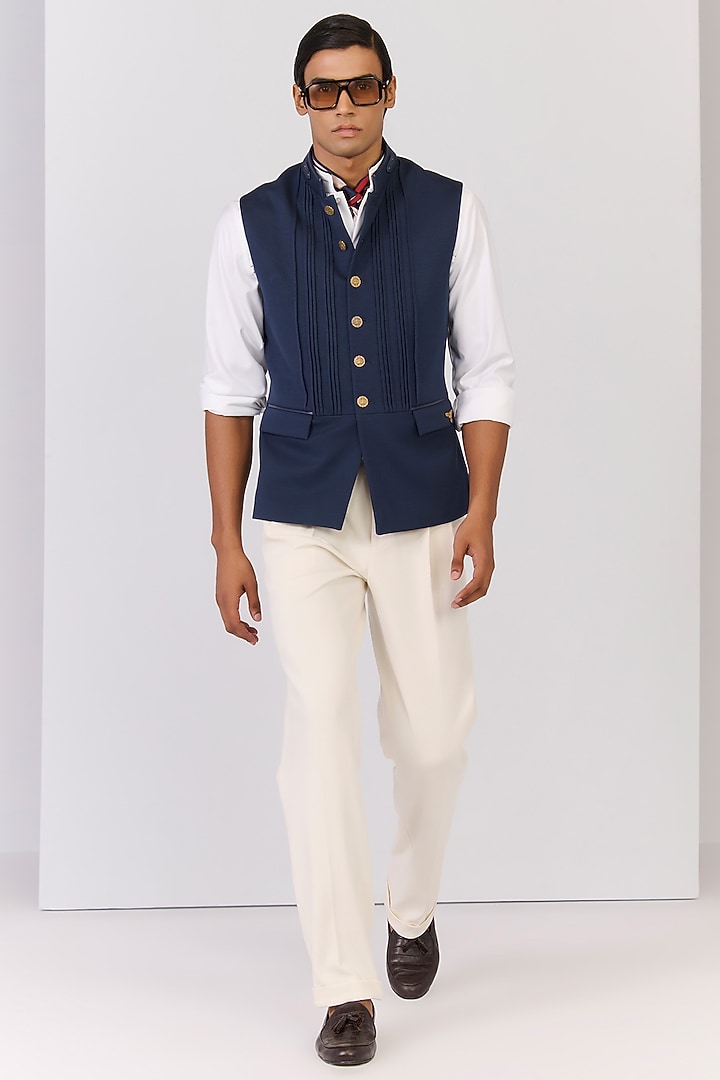 Navy Rayon Nylon Spandex Embroidered Waistcoat by S&N by Shantnu Nikhil Men at Pernia's Pop Up Shop