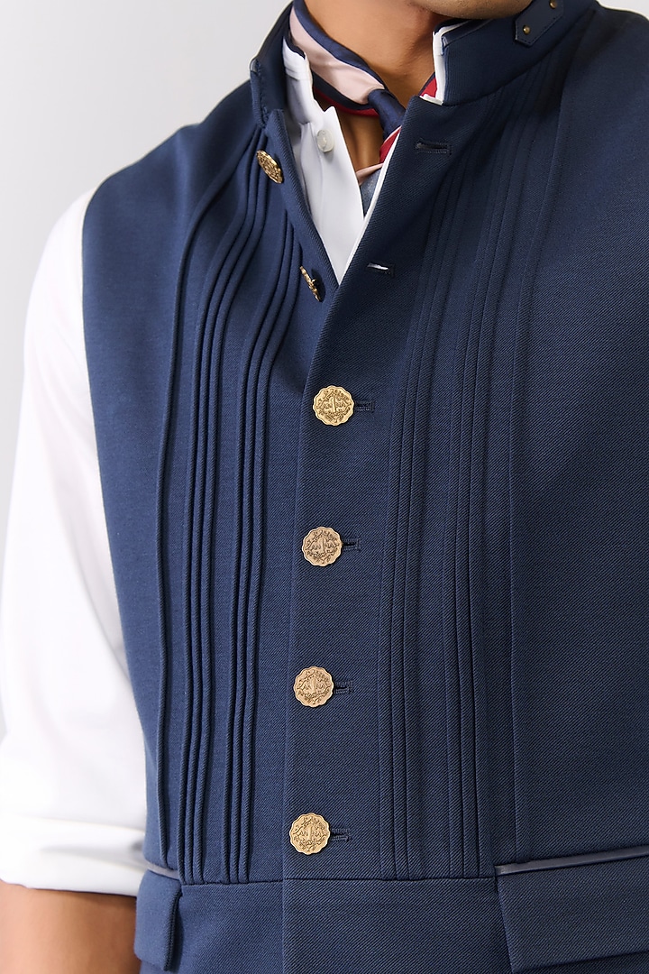 Navy Rayon Nylon Spandex Embroidered Waistcoat by S&N by Shantnu Nikhil Men at Pernia's Pop Up Shop