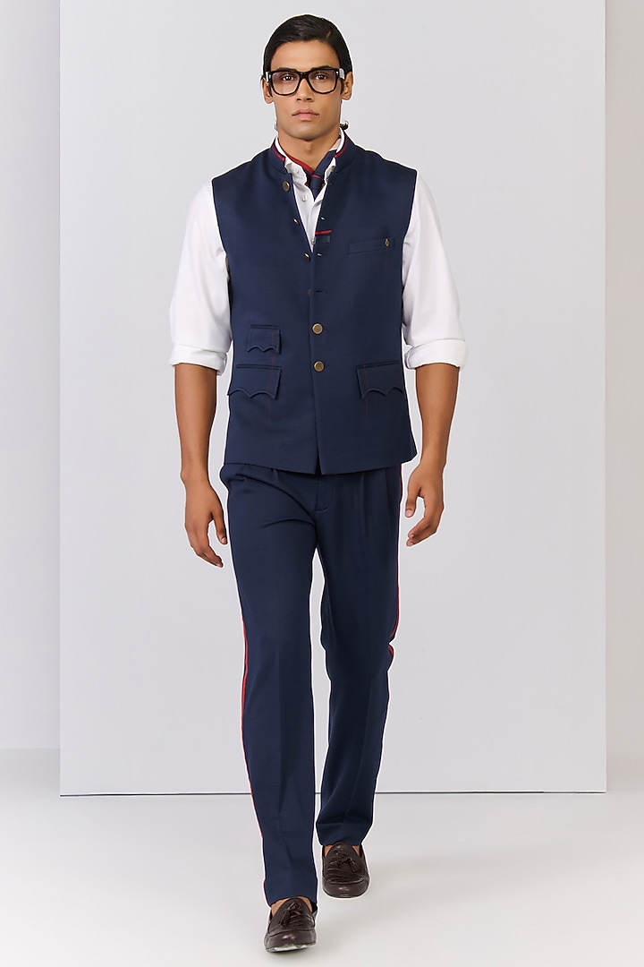 Navy Rayon Nylon Spandex Waistcoat by S&N by Shantnu Nikhil Men at Pernia's Pop Up Shop