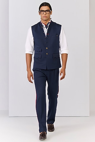 Navy Rayon Nylon Spandex Waistcoat by S&N by Shantnu Nikhil Men