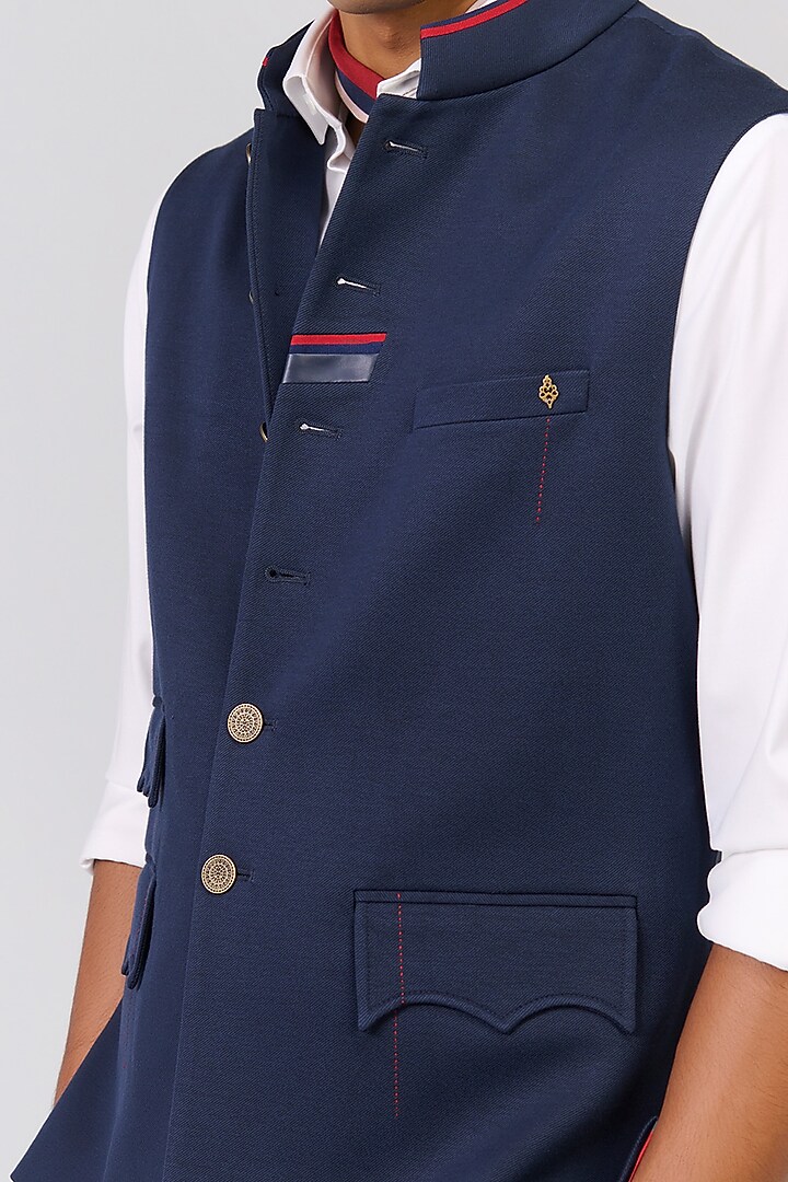 Navy Rayon Nylon Spandex Waistcoat by S&N by Shantnu Nikhil Men at Pernia's Pop Up Shop