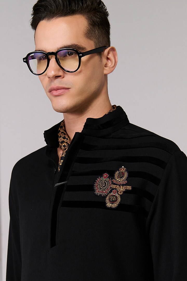Black Terylene Viscose Lycra Paneled Kurta by S&N by Shantnu Nikhil Men at Pernia's Pop Up Shop