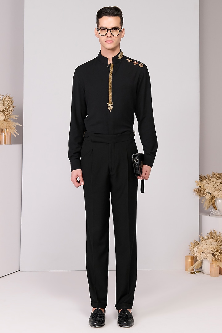 Black Terylene Viscose Lycra Embroidered Wedding Shirt by S&N by Shantnu Nikhil Men at Pernia's Pop Up Shop