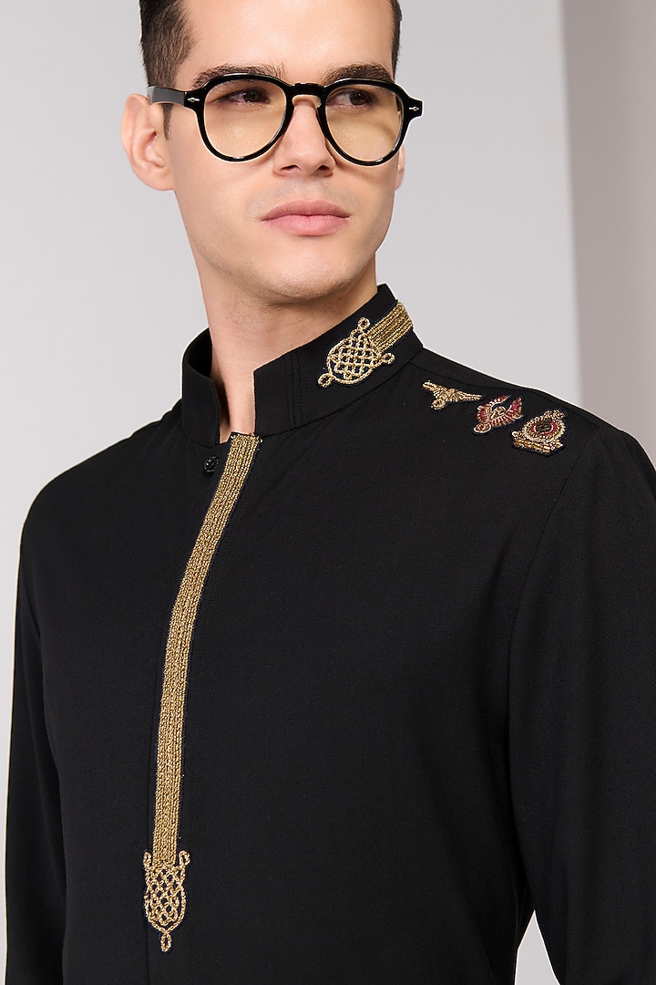 Black Terylene Viscose Lycra Embroidered Wedding Shirt by S&N by Shantnu Nikhil Men at Pernia's Pop Up Shop