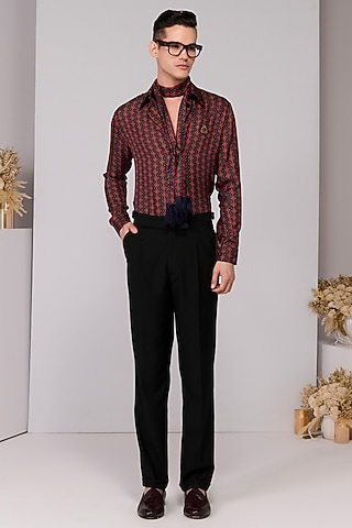 Cherry Red Silk Twill Printed Shirt by S&N by Shantnu Nikhil Men