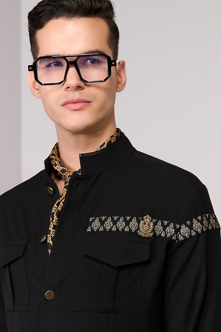 Black Terylene Viscose Lycra Color-Blocked Wedding Shirt by S&N by Shantnu Nikhil Men at Pernia's Pop Up Shop