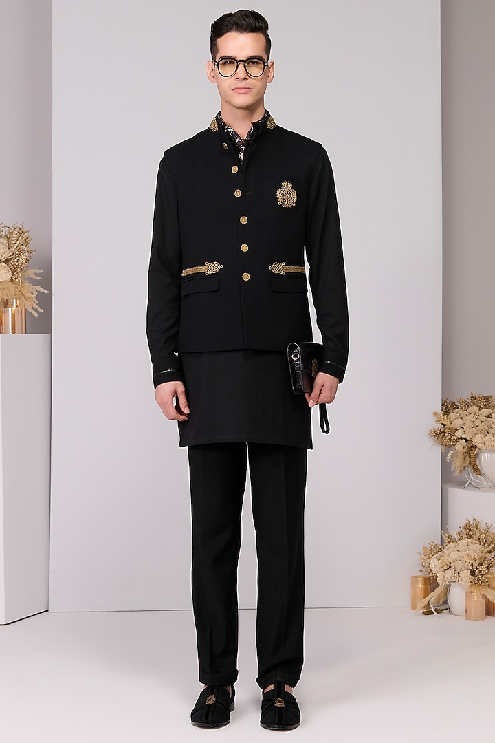 Black Poly Blend Viscose Lycra Embroidered Waistcoat by S&N by Shantnu Nikhil Men at Pernia's Pop Up Shop