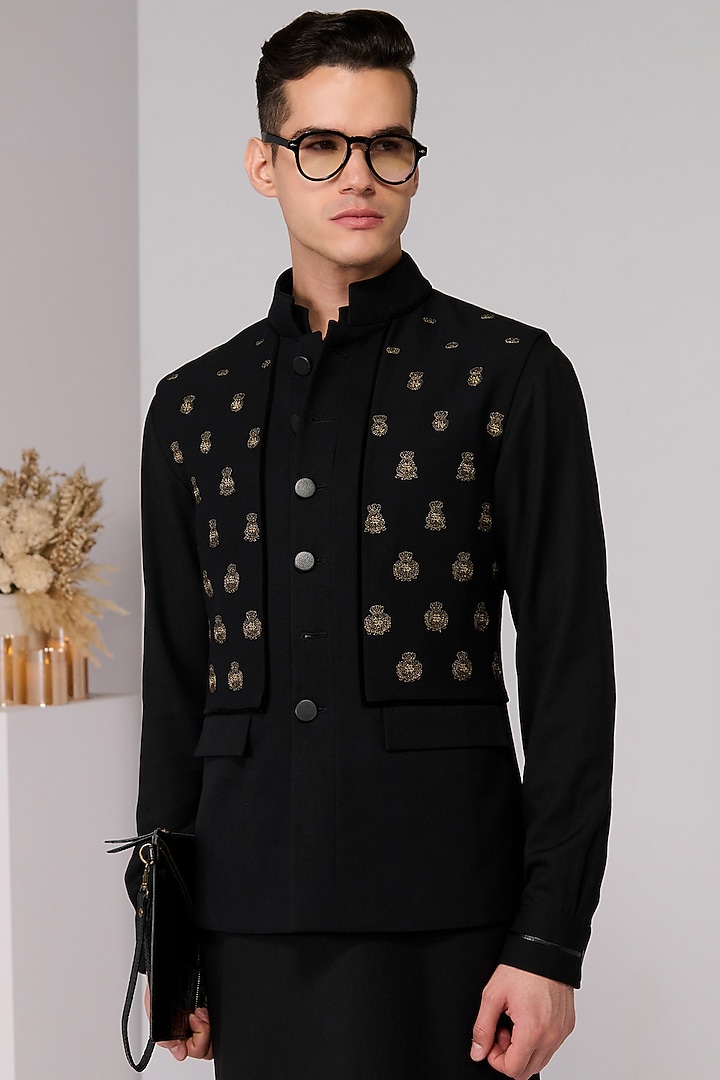 Black Poly Blend Viscose Lycra Embroidered Waistcoat by S&N by Shantnu Nikhil Men at Pernia's Pop Up Shop