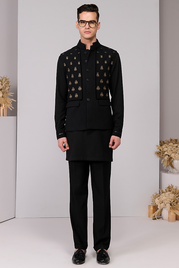 Black Poly Blend Viscose Lycra Embroidered Waistcoat by S&N by Shantnu Nikhil Men at Pernia's Pop Up Shop