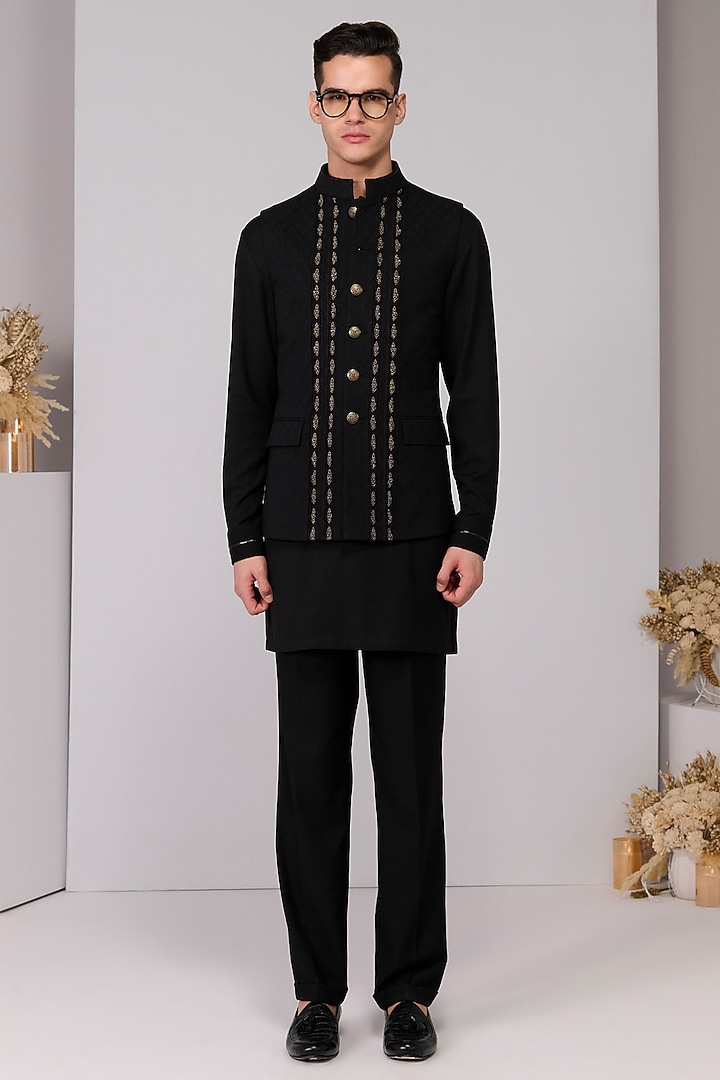 Black Poly Blend Viscose Lycra Embroidered Waistcoat by S&N by Shantnu Nikhil Men at Pernia's Pop Up Shop
