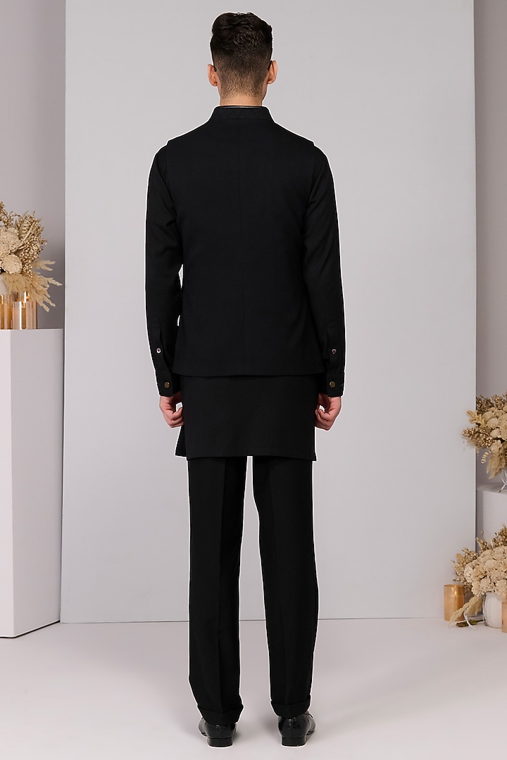 Black Poly Blend Viscose Lycra Embroidered Waistcoat by S&N by Shantnu Nikhil Men at Pernia's Pop Up Shop