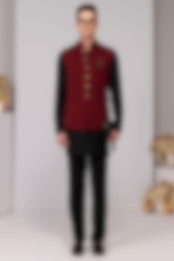 Cherry Red Terylene Viscose Lycra Waistcoat by S&N by Shantnu Nikhil Men at Pernia's Pop Up Shop