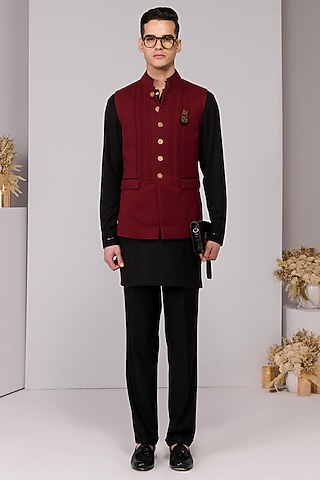 Cherry Red Terylene Viscose Lycra Waistcoat by S&N by Shantnu Nikhil Men