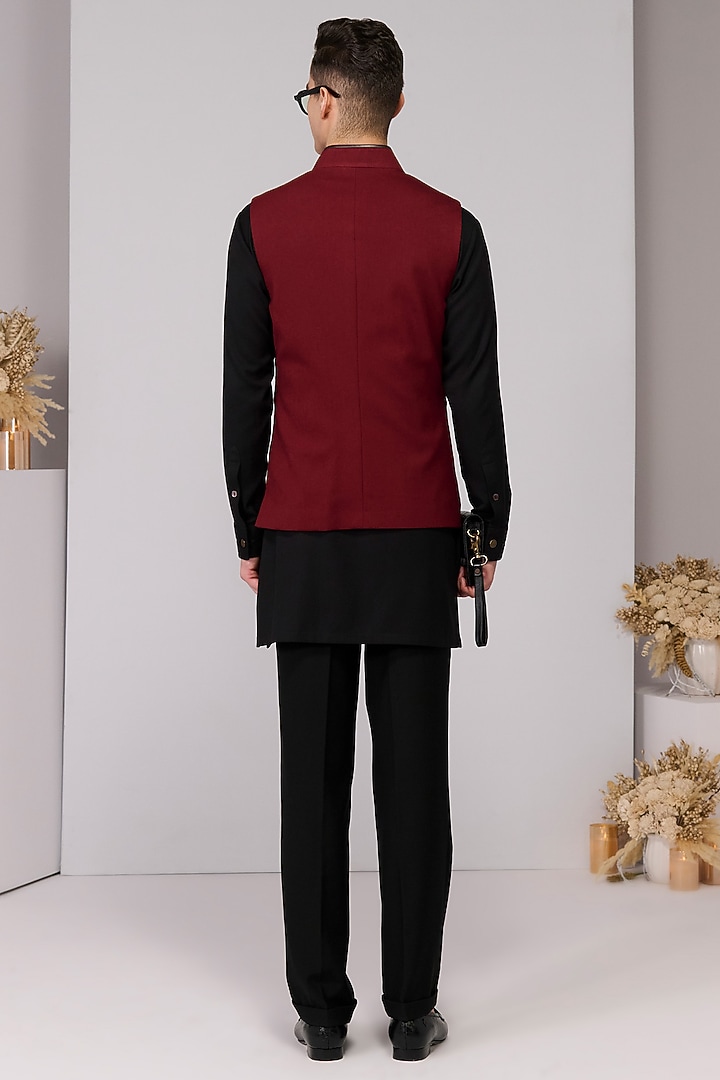 Cherry Red Terylene Viscose Lycra Waistcoat by S&N by Shantnu Nikhil Men at Pernia's Pop Up Shop