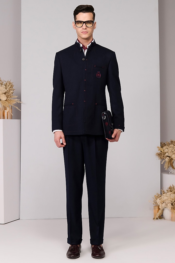 Navy Poly Blend Viscose Lycra Embroidered Wedding Bandhgala by S&N by Shantnu Nikhil Men at Pernia's Pop Up Shop