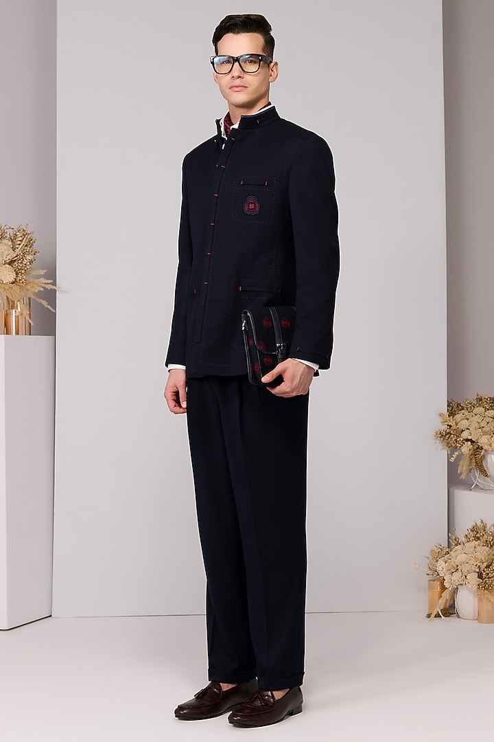 Navy Poly Blend Viscose Lycra Embroidered Wedding Bandhgala by S&N by Shantnu Nikhil Men at Pernia's Pop Up Shop