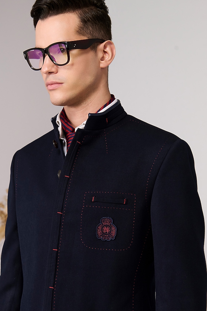 Navy Poly Blend Viscose Lycra Embroidered Wedding Bandhgala by S&N by Shantnu Nikhil Men at Pernia's Pop Up Shop