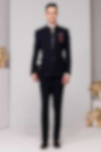 Navy Poly Blend Viscose Lycra Gold Embroidered Wedding Bandhgala by S&N by Shantnu Nikhil Men at Pernia's Pop Up Shop