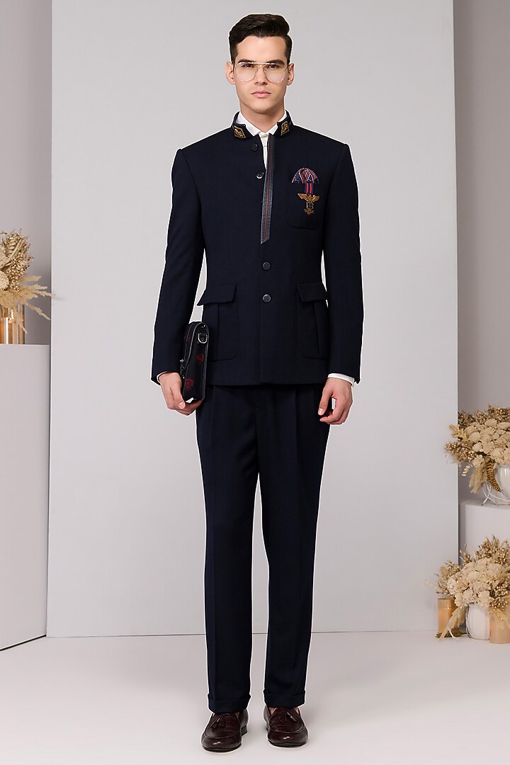 Navy Poly Blend Viscose Lycra Gold Embroidered Wedding Bandhgala by S&N by Shantnu Nikhil Men at Pernia's Pop Up Shop