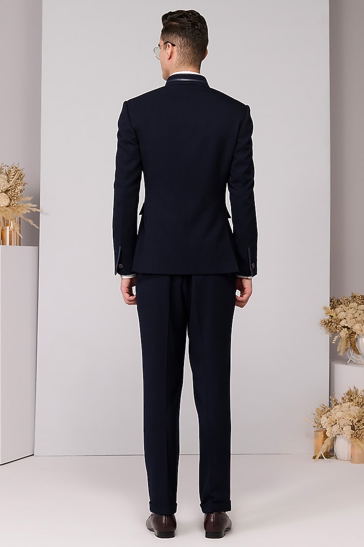 Navy Poly Blend Viscose Lycra Gold Embroidered Wedding Bandhgala by S&N by Shantnu Nikhil Men at Pernia's Pop Up Shop