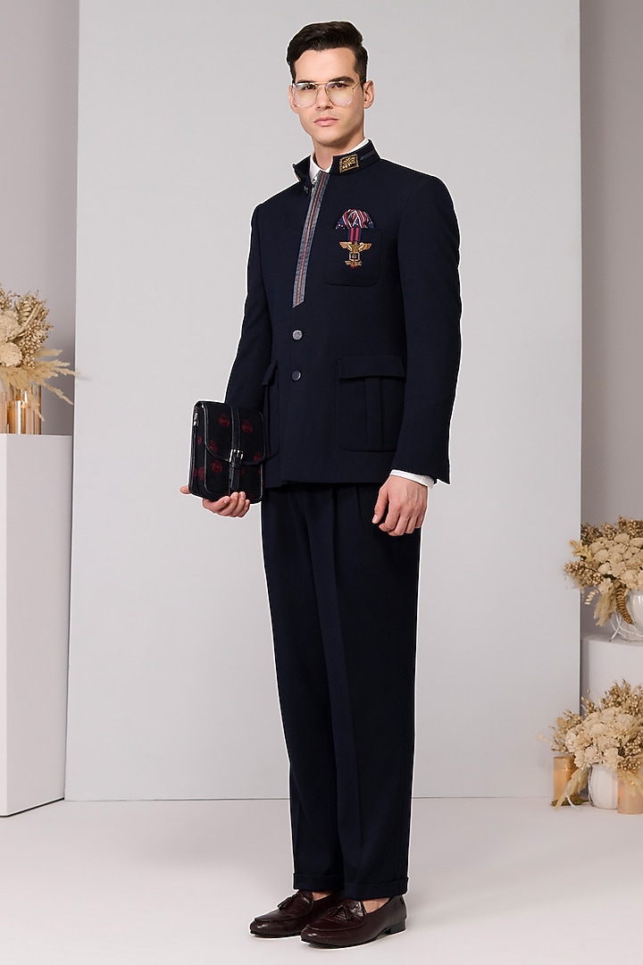 Navy Poly Blend Viscose Lycra Gold Embroidered Wedding Bandhgala by S&N by Shantnu Nikhil Men at Pernia's Pop Up Shop