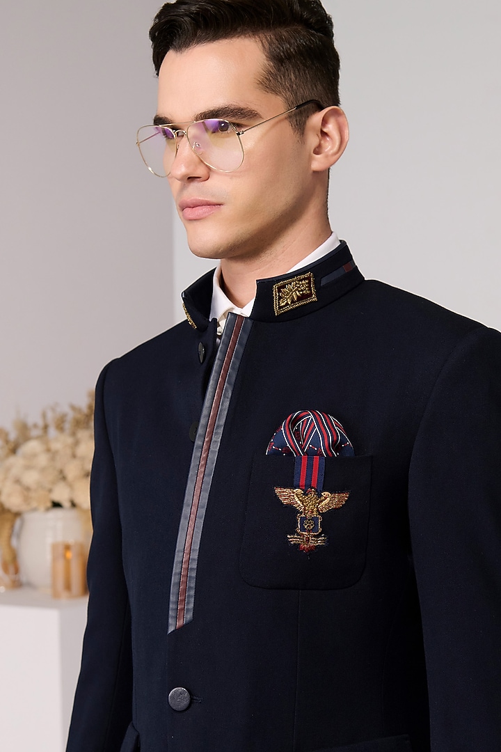Navy Poly Blend Viscose Lycra Gold Embroidered Wedding Bandhgala by S&N by Shantnu Nikhil Men at Pernia's Pop Up Shop