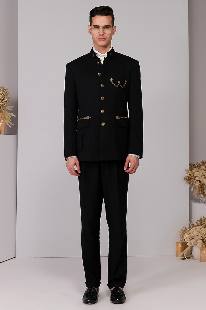 Black Herringbone Wedding Bandhgala by S&N by Shantnu Nikhil Men at Pernia's Pop Up Shop