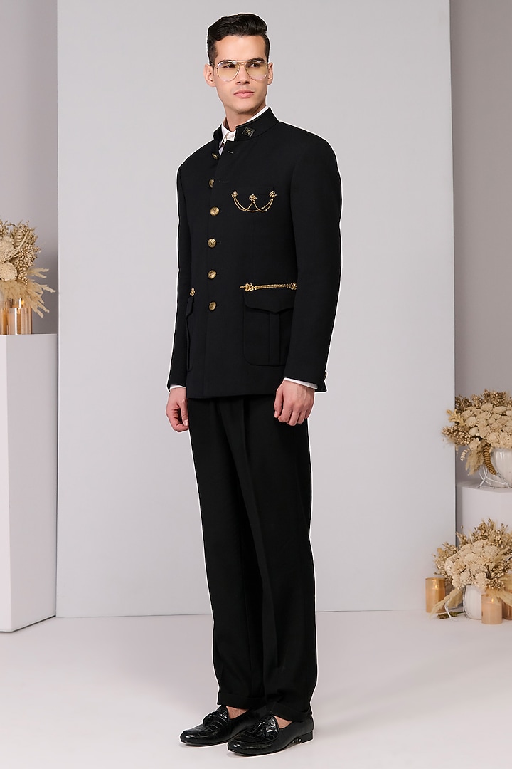 Black Herringbone Wedding Bandhgala by S&N by Shantnu Nikhil Men at Pernia's Pop Up Shop