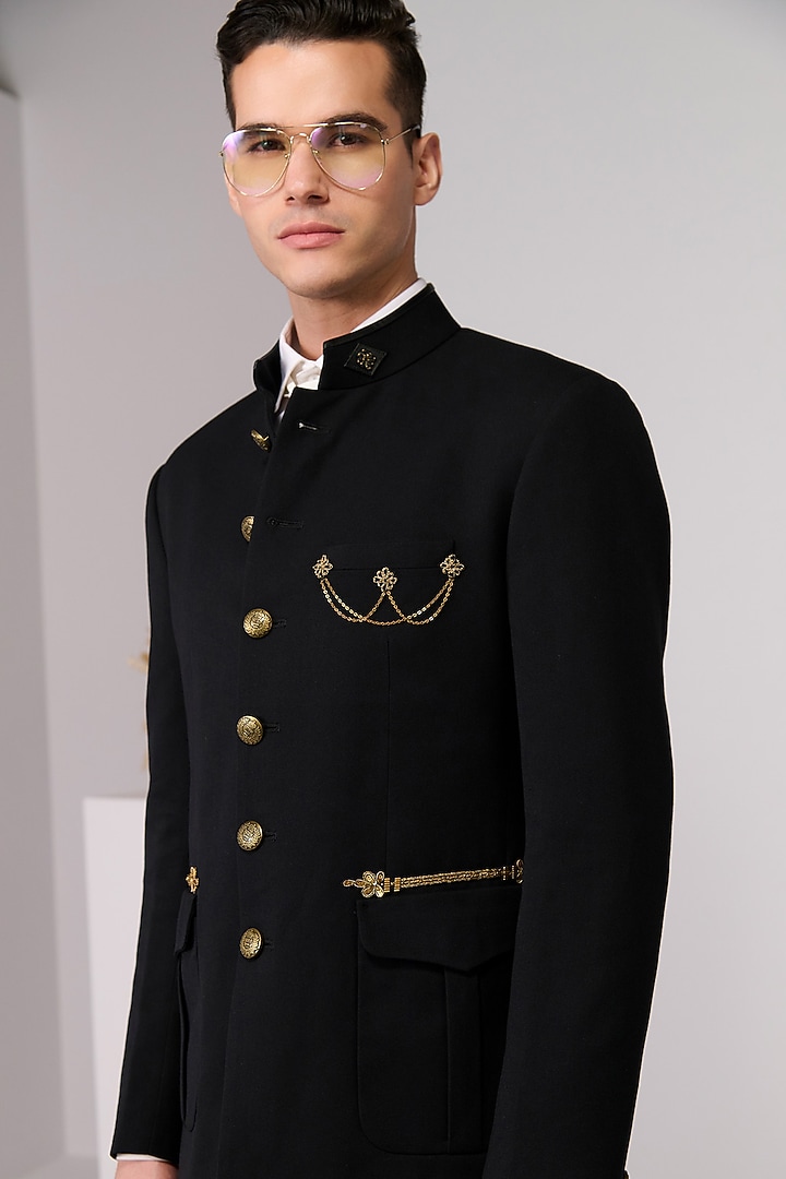 Black Herringbone Wedding Bandhgala by S&N by Shantnu Nikhil Men at Pernia's Pop Up Shop