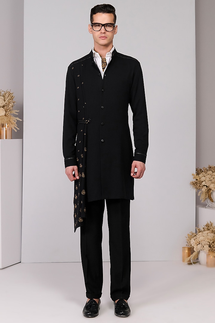 Black Terylene Viscose Lycra Embroidered Draped Kurta by S&N by Shantnu Nikhil Men at Pernia's Pop Up Shop