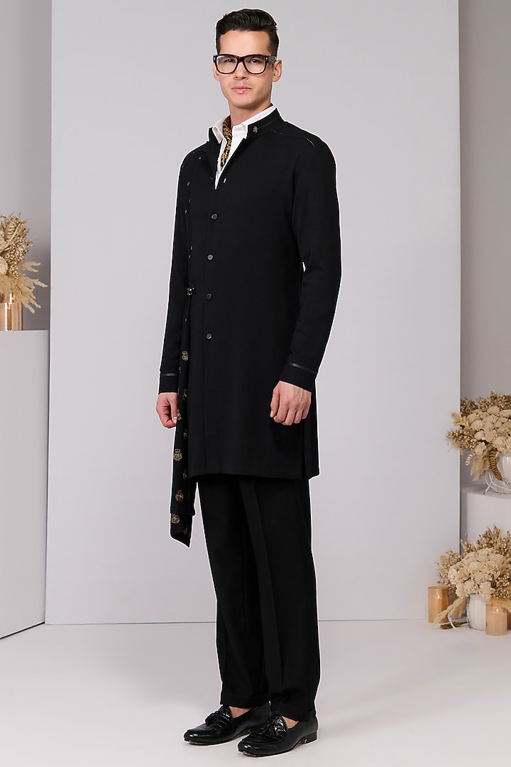 Black Terylene Viscose Lycra Embroidered Draped Kurta by S&N by Shantnu Nikhil Men at Pernia's Pop Up Shop