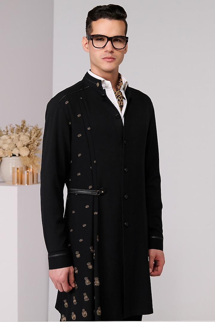 Black Terylene Viscose Lycra Embroidered Draped Kurta by S&N by Shantnu Nikhil Men at Pernia's Pop Up Shop
