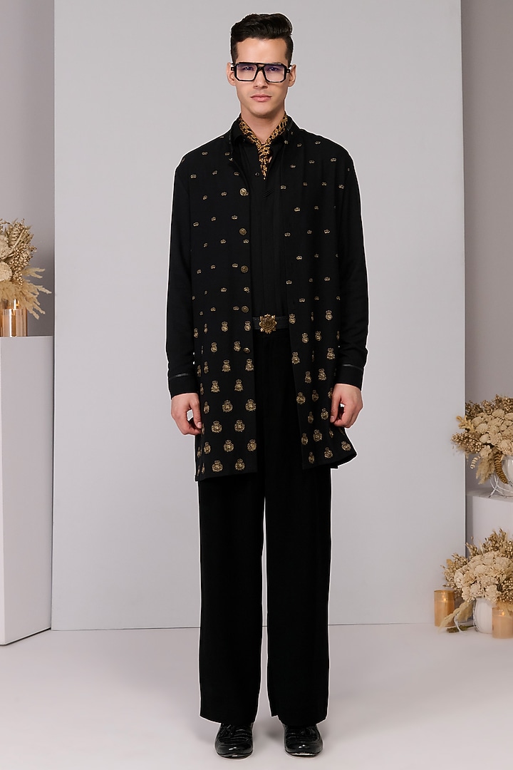 Black Poly Blend Viscose Lycra Embroidered Kurta by S&N by Shantnu Nikhil Men at Pernia's Pop Up Shop